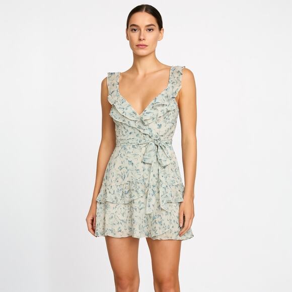 Windsor Romantic Blue Sleeveless Floral Ruffled Chiffon Mini Skater Dress Size S - Picture 1 of 7